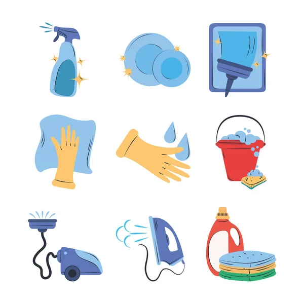 Nettoyage icône ensemble pulvérisation vaisselle seau blanchisserie fer vide fournitures équipement — Image vectorielle