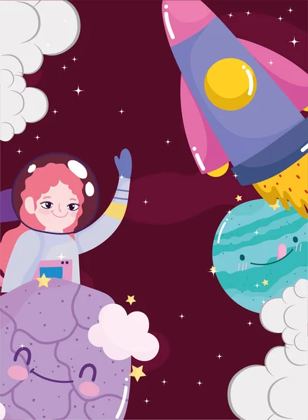 Space astronaut girl adventure ufo planets cute cartoon — Stock vektor