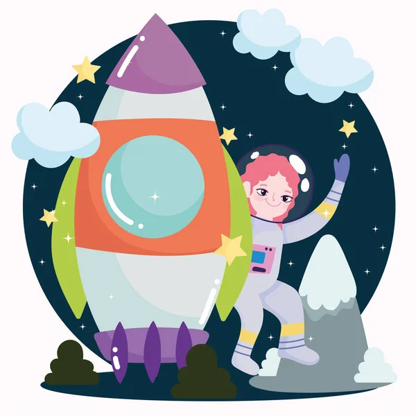 Space astronaut girl spaceship exploration and discovery cute cartoon — Stock vektor