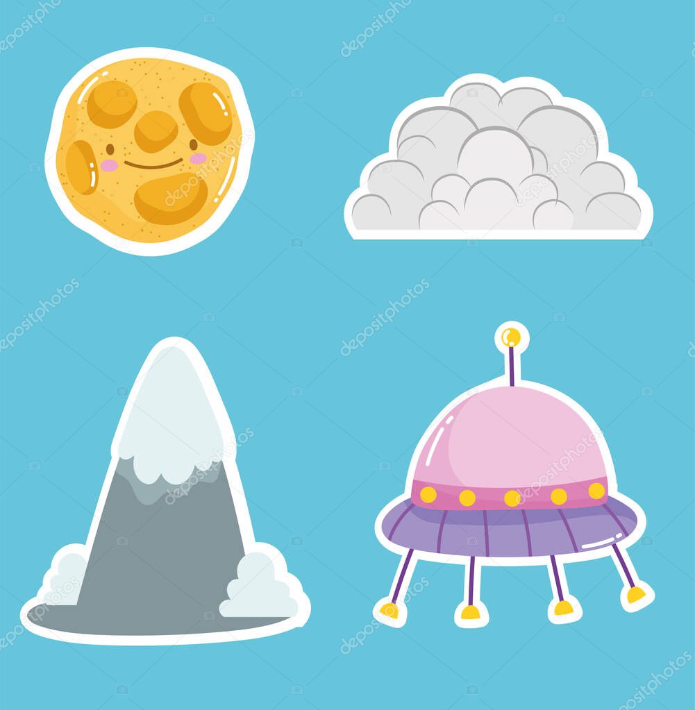 space cute icons ufo cloud and planet collection