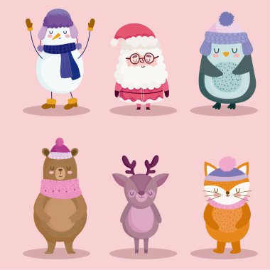 Mutlu yıllar tatlı Noel Baba Penguen Ayı Ren geyiği ve Tilki Noel Baba