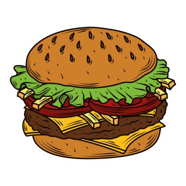 Hamburger, biftek, çörek, patates kızartması ve sebze çok lezzetli.