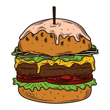 Eritilmiş peynirli hamburger ve kürdanlı fast food.