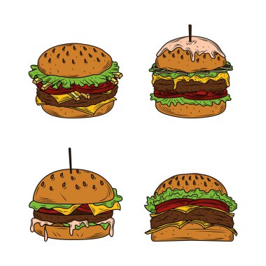 Hamburgerler eritilmiş peynir, domates, marul ekmeği ve susamlı hamburger.