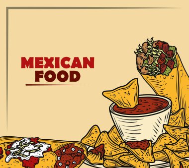 Meksika yemeği geleneksel menüsü. Enchilada burrito tacos, klasik oymalı.