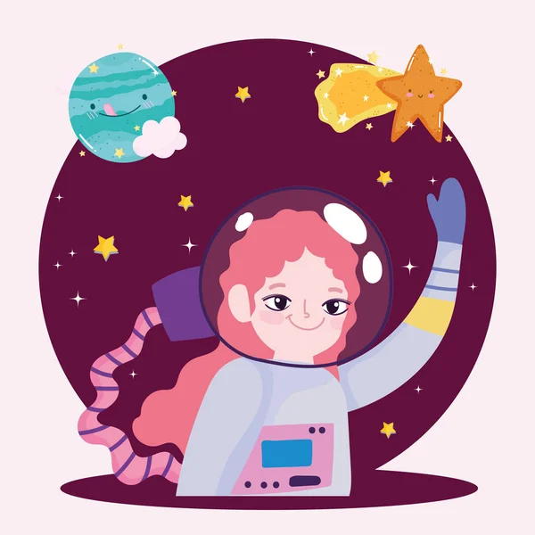 Przestrzeń astronauta dziewczyna planeta i strzelanie gwiazda cute kreskówki — Wektor stockowy