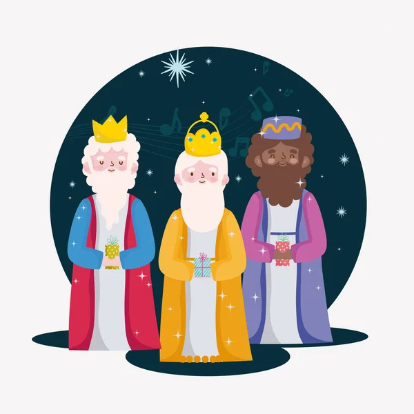 Felice epifania, saggi con confezione regalo per la nascita di Gesù Bambino — Vettoriale Stock
