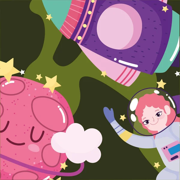 Astronaute spatiale fille vaisseau spatial et planète galaxie aventure dessin animé mignon — Image vectorielle