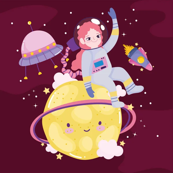 Космические приключения милый астронавт мультфильм шаттл планеты НЛО и луна — стоковый вектор