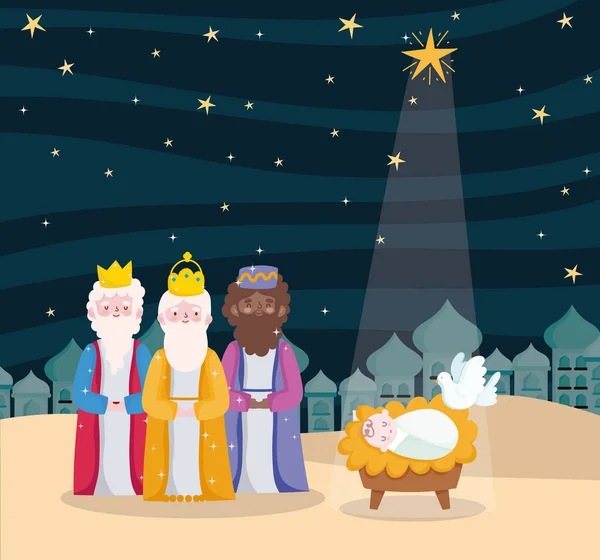 Mutlu aydınlanma, üç bilge kral bebek İsa güvercin ve gökyüzündeki parlak yıldız — Stok Vektör