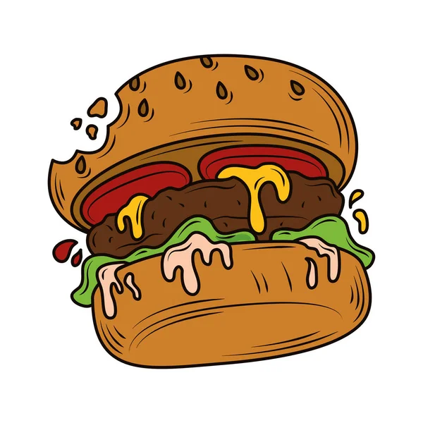 Gebeten hamburger fast food, junk food icoon geïsoleerd ontwerp — Stockvector