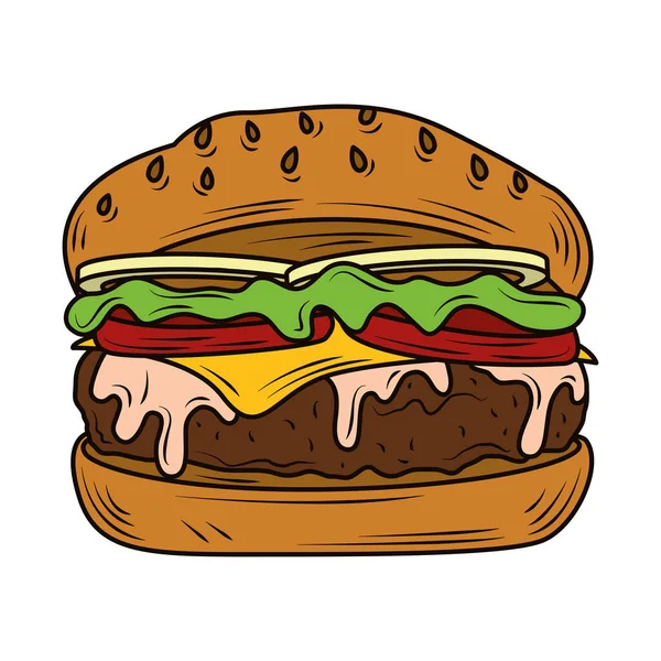 Klasszikus burger amerikai salátával paradicsom hagyma sajt marhahús és szósz gyorsétterem — Stock Vector