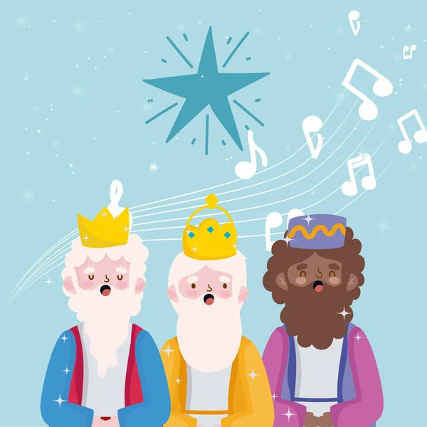 Feliz epifanía, tres reyes sabios cantan villancicos — Archivo Imágenes Vectoriales