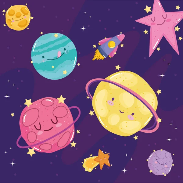 Space shooting star planets spaceship explore adventure cute cartoon — стоковый вектор