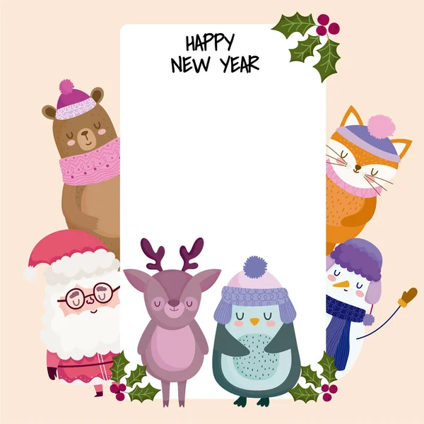 Happy new year santa bear fox reindeer penguin and snowman greeting card —  Vetores de Stock