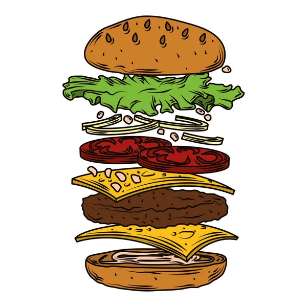 Capas de hamburguesa con ingredientes refrescantes comida rápida — Vector de stock