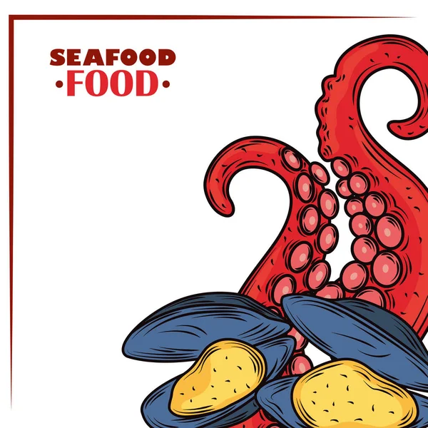 Polvo de frutos do mar e cardápio de amêijoas cartaz fresco gourmet — Vetor de Stock