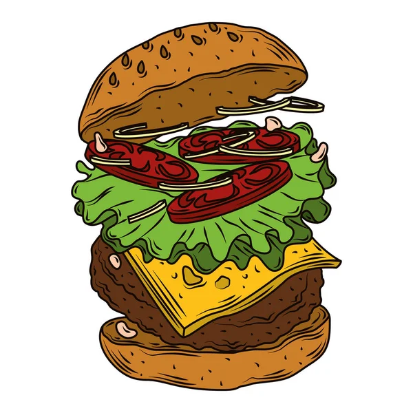Ízletes hamburger klasszikus amerikai saláta, hagyma, paradicsom, marhahús gyorsétterem — Stock Vector