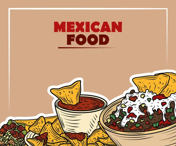 Comida mexicana salsa tradicional de nachos salsa de carne gucamole y queso, color grabado vintage — Vector de stock