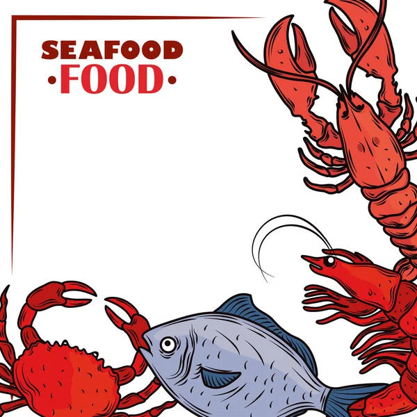 Frutti di mare pesce gamberetti aragosta e granchio menu gourmet poster fresco — Vettoriale Stock