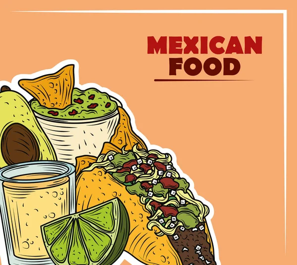 Comida mexicana tradicional guacamole tequila y taco vintage grabado color — Vector de stock