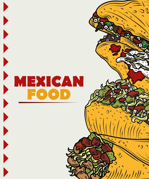 Burrito traditionnel mexicain, chili avec ingrédient de viande, couleur gravée vintage — Image vectorielle