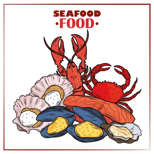 Menu de frutos do mar gourmet caranguejo fresco lagosta ostras mexilhões e amêijoas cartaz —  Vetores de Stock