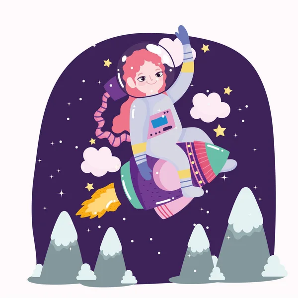 Space astronaut girl in spaceship explore and adventure cute cartoon — Stock Vector