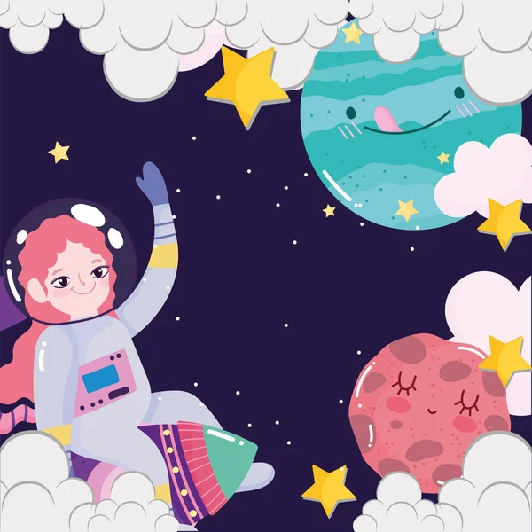 Space astronaut girl in rocket planets clouds stars galaxy cute cartoon — Stock Vector