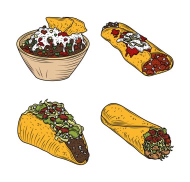 Meksika yemeği burrito taco enchilada geleneksel simgeler oymalı