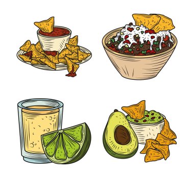 Meksika yemeği nachos tekila guacamole geleneksel simge oymalı renk