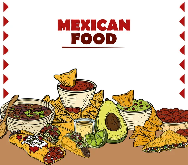 Nourriture mexicaine menu des ingrédients traditionnels burrito taco nachos guacamole enchilada, couleur gravée — Image vectorielle