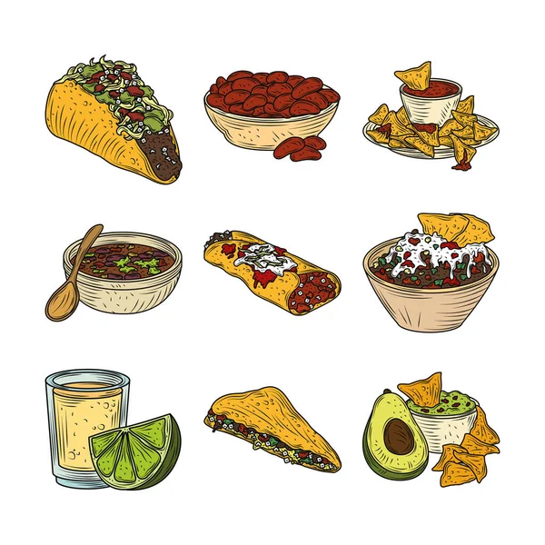 Set de nourriture mexicaine avec taco burrito guacamole tequila nachos traditionnelle, couleur gravée vintage — Image vectorielle