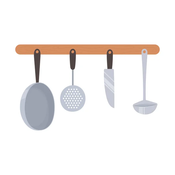 厨房悬挂器皿、小刀、平底锅、平底锅 — 图库矢量图片