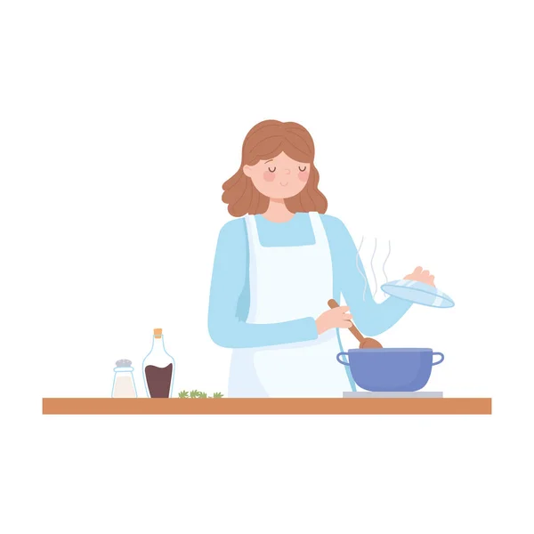 Femme chef préparant le repas avec pot dans poêle cuisine dessin animé — Image vectorielle