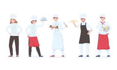 Şef karakterler seti, karikatür restoranı çalışanları tepsiler ve farklı yemekler.