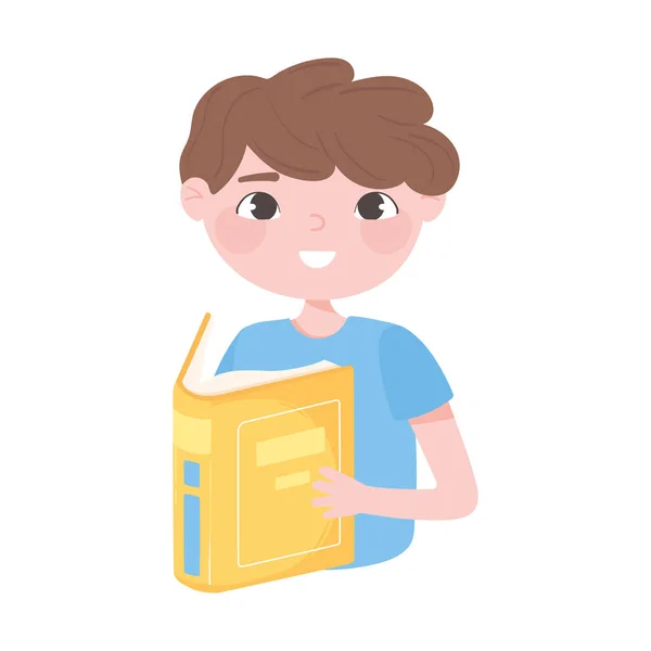 Cute boy reading book cartoon icon white background — Stock Vector