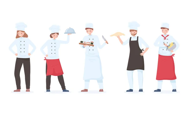 Jeu de personnages de chef, personnel du restaurant de dessin animé avec plateau et différents repas — Image vectorielle