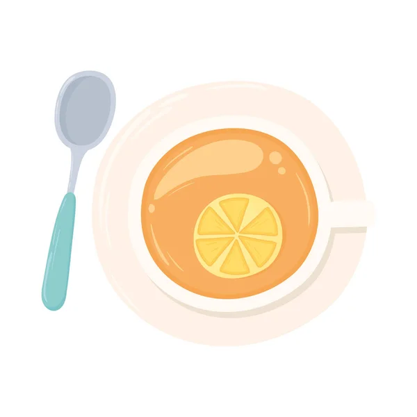 Xícara de chá em prato com limão e colher design isolado vista superior — Vetor de Stock