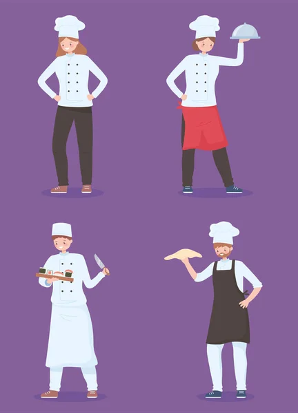 Набор шеф-поваров с едой и блюдами кухонные персонажи — стоковый вектор