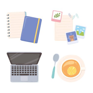 dizüstü bilgisayar kağıt resimleri ve çay fincanı çalışma odası, üst görünüm tasarım