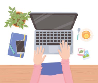 Klavye telefon defteri çay fincanı ve saksı fabrikası çalışma odası, üst görünüm tasarım.