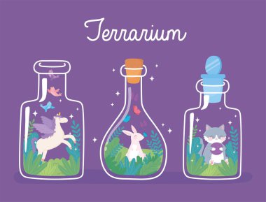 Kavanoz teraryum sevimli tavşan tek boynuzlu at ve içinde çiçek açan bitkiler olan kedi.