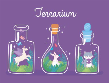 jar terrarium cute rabbit unicorn and cat with blooming plants inside clipart