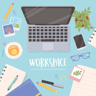 Çalışma alanı ofis bilgisayarı telefon defteri kağıt kalem bardakları çay fincanı ve bitki, üst görünüm tasarım