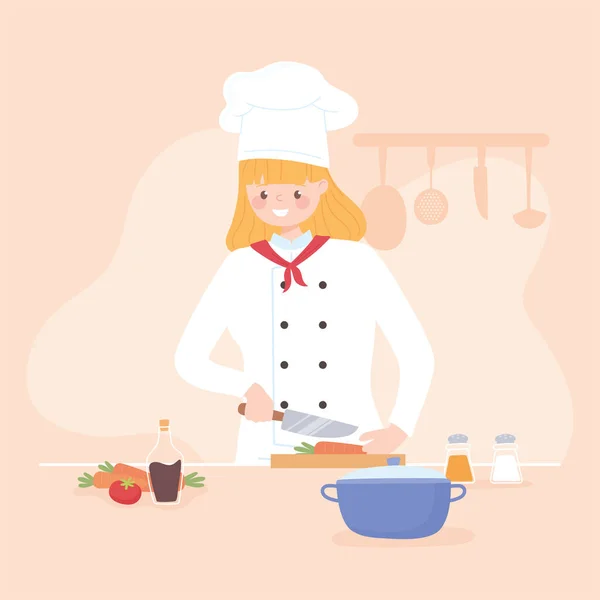 Mujer rebanando verduras frescas como zanahorias en la cocina — Vector de stock