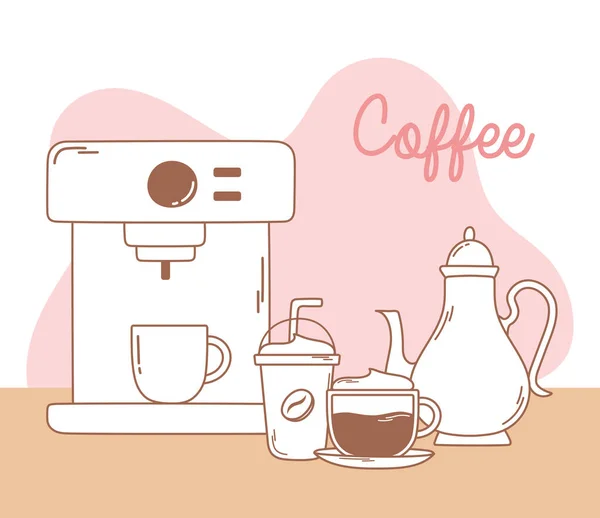 Máquina de café frappe chaleira e cappuccino linha e preencher — Vetor de Stock