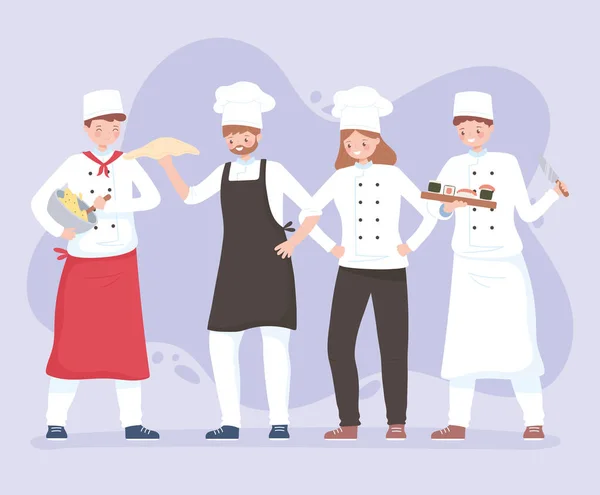 Chefs personnages hommes et femmes travailleurs dans tablier et chapeaux — Image vectorielle
