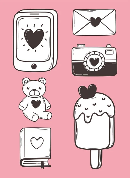 Amor doodle icono conjunto teléfono cámara correo helado oso libro rosa fondo — Archivo Imágenes Vectoriales