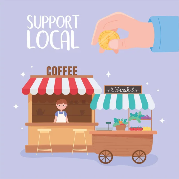 Apoiar a empresa local, café e legumes frescos pequeno stand —  Vetores de Stock